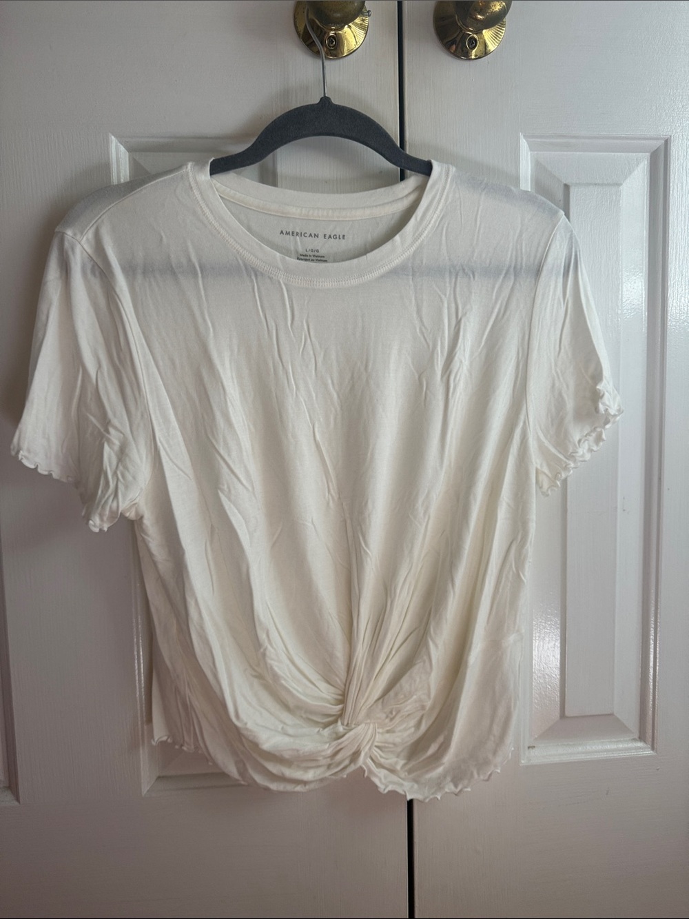 American Eagle Outfitters Cream Knot-Front Short Sleeve Tee